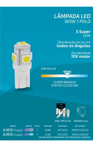 LAMPADA LED PINGAO BRANCO FRIO 24V - PREÇO DO PAR - IL1012