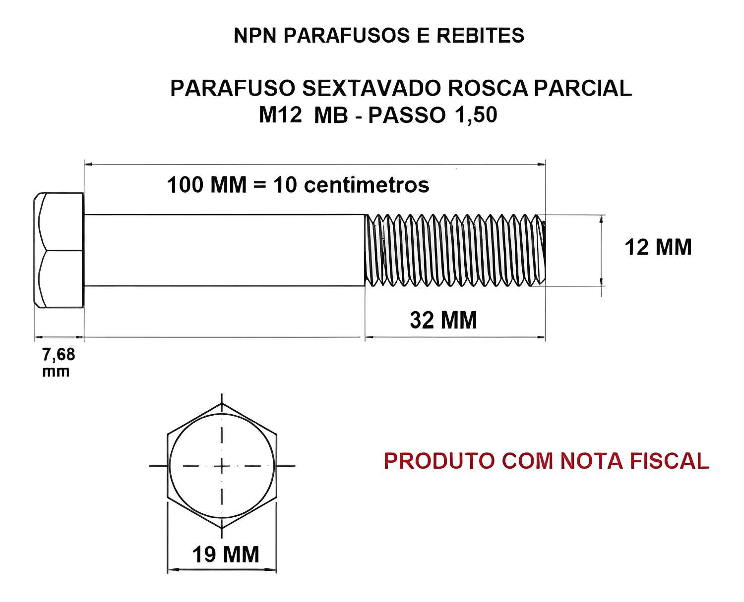 PARAFUSO SEXTAVADO, M12 X 1,5 X 100 - BG1T6065BA