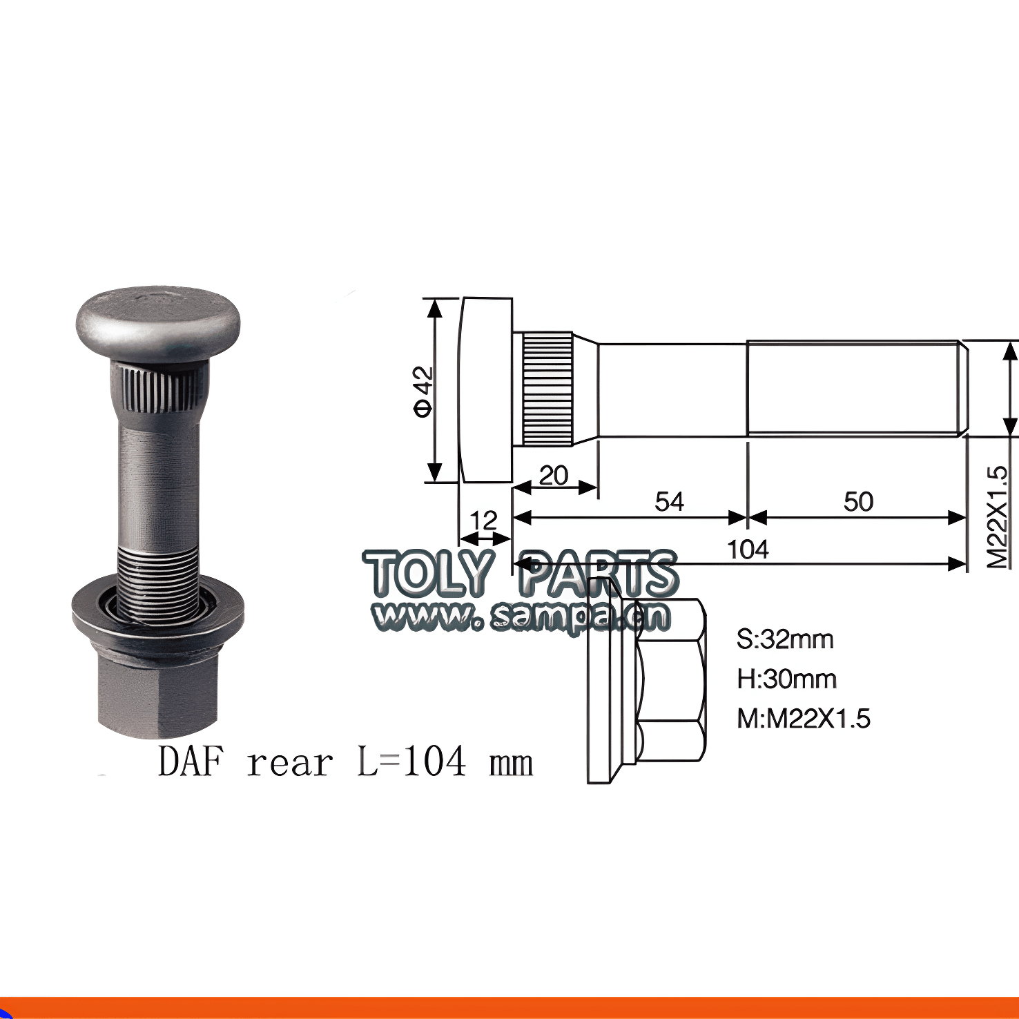 PARAFUSO RODA TRASEIRA M22X100/110 - 1308038