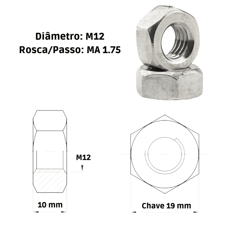 PORCA SEXTAVA M12 X 1,75 ROSCA DIRETA - 000934012000