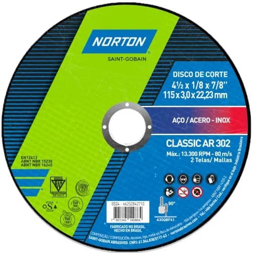 DISCO DE CORTE PARA FERRO NORTON 4.1/2 X 1/8 X 7/8 66252842710 - UC865